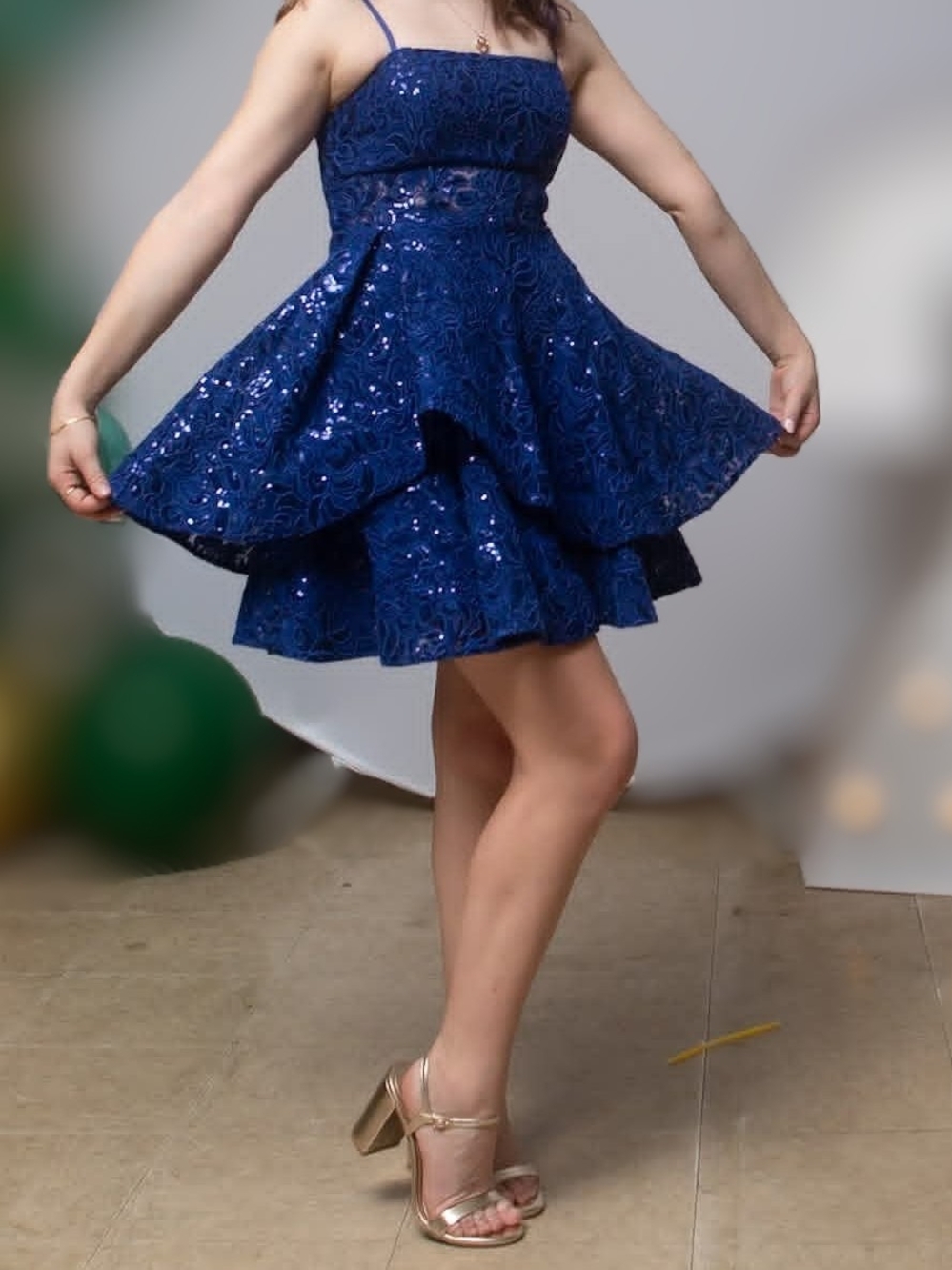 Navy Blue Sequin Party Dress - Sleeveless Spaghetti Strap